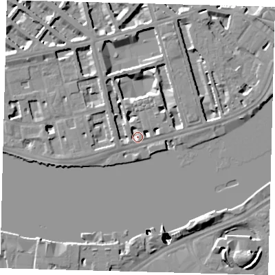 Shaded relief map of the ground around SW1V3NX, computed from Environment Agency LiDAR. The ground here sits at about 4 m above sea level and falls 52 m across the surrounding 800 m. Surface water reaching this point runs off ground lying to the north-north-west, 4.6 m higher.