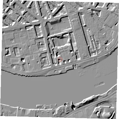 Shaded relief map of the ground around SW1V3NY, computed from Environment Agency LiDAR. The ground here sits at about 5 m above sea level and falls 52 m across the surrounding 800 m. Surface water reaching this point runs off ground lying to the north-west, 4.4 m higher.