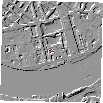 Shaded relief map of the ground around SW1V3PF, computed from Environment Agency LiDAR. The ground here sits at about 3 m above sea level and falls 51 m across the surrounding 800 m. Surface water reaching this point runs off ground lying to the north-west, 4.6 m higher.