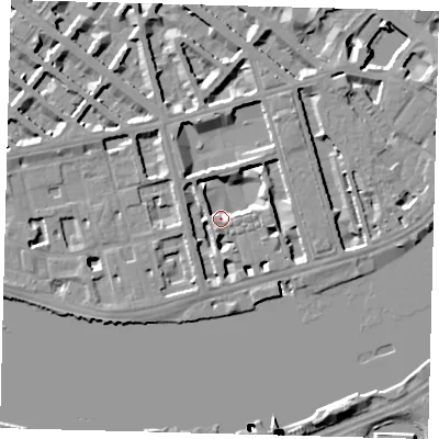Shaded relief map of the ground around SW1V3PH, computed from Environment Agency LiDAR. The ground here sits at about 4 m above sea level and falls 47 m across the surrounding 800 m. Surface water reaching this point runs off ground lying to the south-south-west, 5.7 m higher.