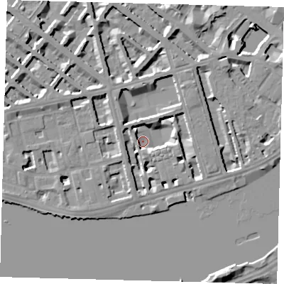 Shaded relief map of the ground around SW1V3PW, computed from Environment Agency LiDAR. The ground here sits at about 2 m above sea level and falls 9 m across the surrounding 800 m. Surface water reaching this point runs off ground lying to the south, 5.7 m higher.