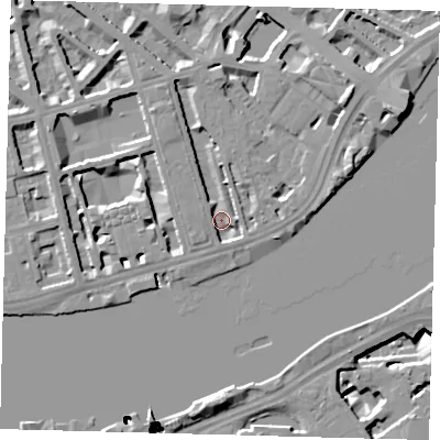 Shaded relief map of the ground around SW1V3QP, computed from Environment Agency LiDAR. The ground here sits at about 3 m above sea level and falls 51 m across the surrounding 800 m. Surface water reaching this point runs off ground lying to the north-west, 0.6 m higher.