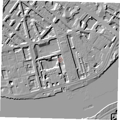 Shaded relief map of the ground around SW1V3QT, computed from Environment Agency LiDAR. The ground here sits at about 3 m above sea level and falls 11 m across the surrounding 800 m. Surface water reaching this point runs off ground lying to the north, 6.1 m higher.