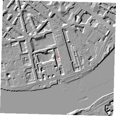 Shaded relief map of the ground around SW1V3QU, computed from Environment Agency LiDAR. The ground here sits at about 3 m above sea level and falls 11 m across the surrounding 800 m. Surface water reaching this point runs off ground lying to the south-east, 4.7 m higher.