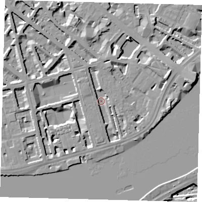 Shaded relief map of the ground around SW1V3QW, computed from Environment Agency LiDAR. The ground here sits at about 3 m above sea level and falls 12 m across the surrounding 800 m. Surface water reaching this point runs off ground lying to the west-south-west, 4.0 m higher.