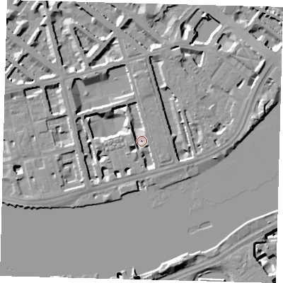 Shaded relief map of the ground around SW1V3QX, computed from Environment Agency LiDAR. The ground here sits at about 3 m above sea level and falls 46 m across the surrounding 800 m. Surface water reaching this point runs off ground lying to the east-north-east, 4.7 m higher.