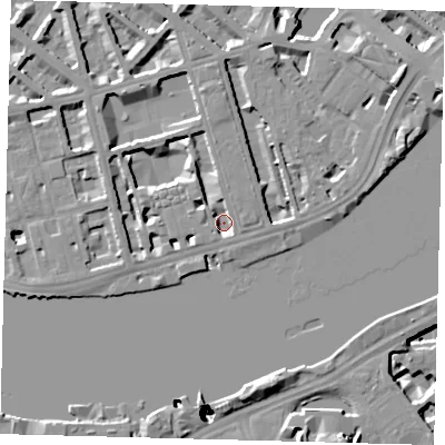 Shaded relief map of the ground around SW1V3QY, computed from Environment Agency LiDAR. The ground here sits at about 2 m above sea level and falls 52 m across the surrounding 800 m. Surface water reaching this point runs off ground lying to the north, 4.7 m higher.