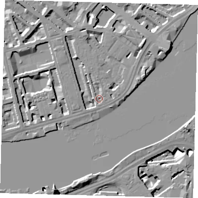 Shaded relief map of the ground around SW1V3RP, computed from Environment Agency LiDAR. The ground here sits at about 4 m above sea level and falls 51 m across the surrounding 800 m. Surface water reaching this point runs off ground lying to the north-east, 6.4 m higher.