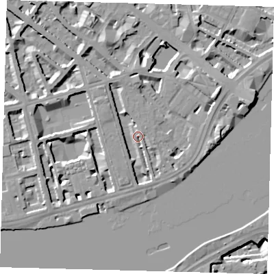 Shaded relief map of the ground around SW1V3RY, computed from Environment Agency LiDAR. The ground here sits at about 5 m above sea level and falls 13 m across the surrounding 800 m. Surface water reaching this point runs off ground lying to the north-west, 4.6 m higher.