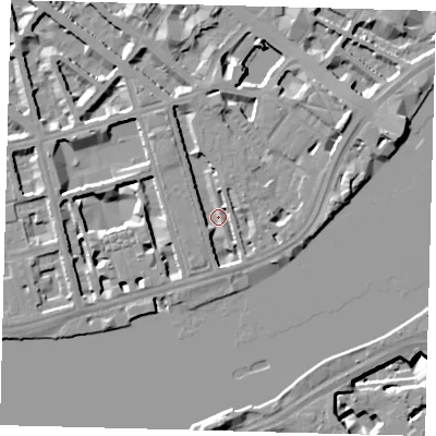 Shaded relief map of the ground around SW1V3RZ, computed from Environment Agency LiDAR. The ground here sits at about 3 m above sea level and falls 13 m across the surrounding 800 m. Surface water reaching this point runs off ground lying to the north-west, 4.6 m higher.