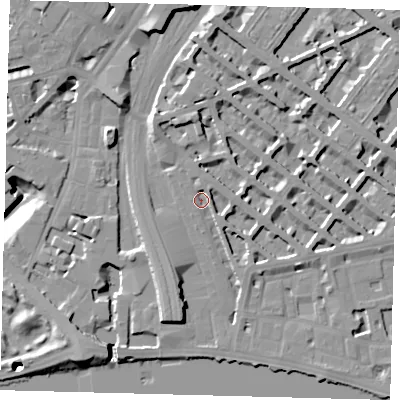 Shaded relief map of the ground around SW1V4AG, computed from Environment Agency LiDAR. The ground here sits at about 4 m above sea level and falls 19 m across the surrounding 800 m. Surface water reaching this point runs off ground lying to the north-east, 3.0 m higher.