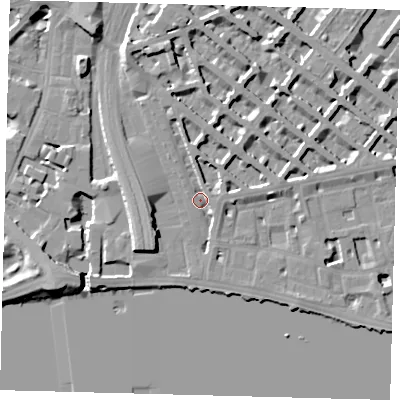 Shaded relief map of the ground around SW1V4AH, computed from Environment Agency LiDAR. The ground here sits at about 4 m above sea level and falls 12 m across the surrounding 800 m. Surface water reaching this point runs off ground lying to the east-south-east, 2.8 m higher.