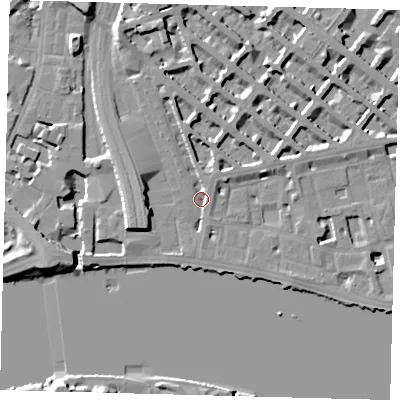 Shaded relief map of the ground around SW1V4AJ, computed from Environment Agency LiDAR. The ground here sits at about 4 m above sea level and falls 12 m across the surrounding 800 m. Surface water reaching this point runs off ground lying to the north-north-east, 2.8 m higher.