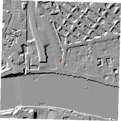 Shaded relief map of the ground around SW1V4AN, computed from Environment Agency LiDAR. The ground here sits at about 4 m above sea level and falls 12 m across the surrounding 800 m. Surface water reaching this point runs off ground lying to the south-south-east, 1.0 m higher.