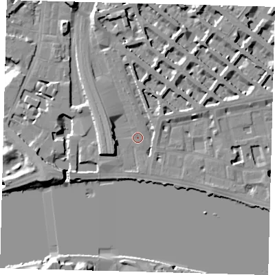 Shaded relief map of the ground around SW1V4AP, computed from Environment Agency LiDAR. The ground here sits at about 5 m above sea level and falls 19 m across the surrounding 800 m. Surface water reaching this point runs off ground lying to the north-east, 2.8 m higher.