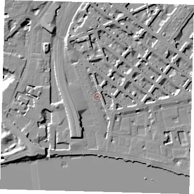 Shaded relief map of the ground around SW1V4AQ, computed from Environment Agency LiDAR. The ground here sits at about 4 m above sea level and falls 19 m across the surrounding 800 m. Surface water reaching this point runs off ground lying to the north, 3.0 m higher.