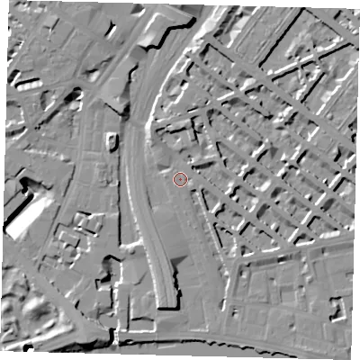 Shaded relief map of the ground around SW1V4AR, computed from Environment Agency LiDAR. The ground here sits at about 5 m above sea level and falls 19 m across the surrounding 800 m. Surface water reaching this point runs off ground lying to the east, 2.7 m higher.
