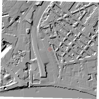 Shaded relief map of the ground around SW1V4AS, computed from Environment Agency LiDAR. The ground here sits at about 5 m above sea level and falls 19 m across the surrounding 800 m. Surface water reaching this point runs off ground lying to the north-north-east, 3.0 m higher.