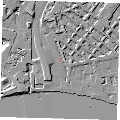 Shaded relief map of the ground around SW1V4AT, computed from Environment Agency LiDAR. The ground here sits at about 5 m above sea level and falls 19 m across the surrounding 800 m. Surface water reaching this point runs off ground lying to the south-east, 2.8 m higher.