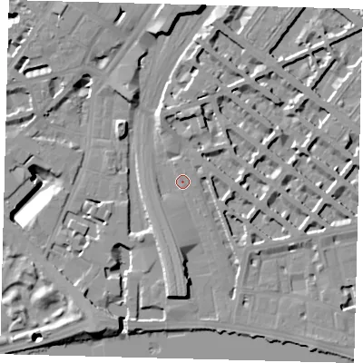 Shaded relief map of the ground around SW1V4AU, computed from Environment Agency LiDAR. The ground here sits at about 5 m above sea level and falls 19 m across the surrounding 800 m. Surface water reaching this point runs off ground lying to the south, 7.4 m higher.