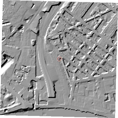 Shaded relief map of the ground around SW1V4AW, computed from Environment Agency LiDAR. The ground here sits at about 4 m above sea level and falls 19 m across the surrounding 800 m. Surface water reaching this point runs off ground lying to the east-north-east, 3.0 m higher.