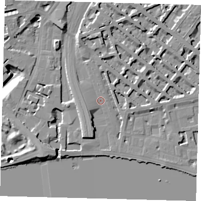Shaded relief map of the ground around SW1V4AX, computed from Environment Agency LiDAR. The ground here sits at about 5 m above sea level and falls 19 m across the surrounding 800 m. Surface water reaching this point runs off ground lying to the south-south-west, 7.4 m higher.