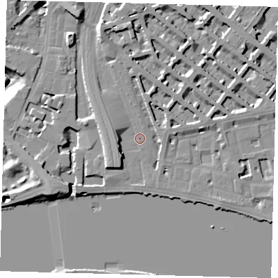 Shaded relief map of the ground around SW1V4AY, computed from Environment Agency LiDAR. The ground here sits at about 5 m above sea level and falls 19 m across the surrounding 800 m. Surface water reaching this point runs off ground lying to the south-west, 6.2 m higher.
