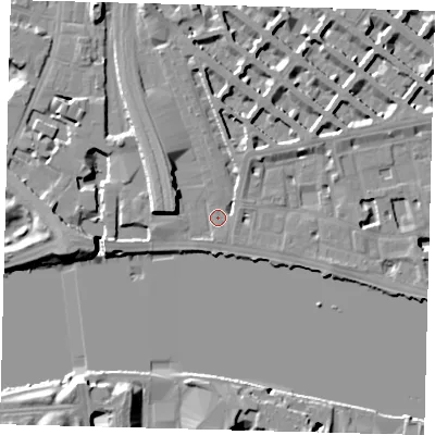 Shaded relief map of the ground around SW1V4BA, computed from Environment Agency LiDAR. The ground here sits at about 5 m above sea level and falls 16 m across the surrounding 800 m. Surface water reaching this point runs off ground lying to the west-south-west, 3.8 m higher.
