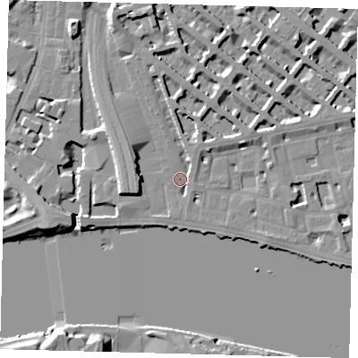 Shaded relief map of the ground around SW1V4BB, computed from Environment Agency LiDAR. The ground here sits at about 5 m above sea level and falls 12 m across the surrounding 800 m. Surface water reaching this point runs off ground lying to the north-north-east, 2.8 m higher.