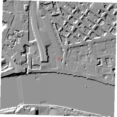 Shaded relief map of the ground around SW1V4BD, computed from Environment Agency LiDAR. The ground here sits at about 5 m above sea level and falls 12 m across the surrounding 800 m. Surface water reaching this point runs off ground lying to the west-south-west, 3.8 m higher.