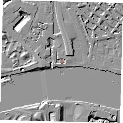 Shaded relief map of the ground around SW1V4BE, computed from Environment Agency LiDAR. The ground here sits at about 4 m above sea level and falls 19 m across the surrounding 800 m. Surface water reaching this point runs off ground lying to the west-south-west, 3.9 m higher.