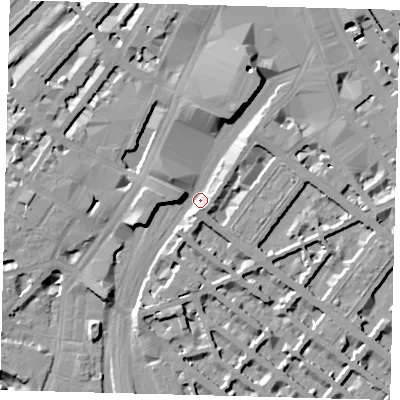Shaded relief map of the ground around SW1V4BJ, computed from Environment Agency LiDAR. The ground here sits at about 3 m above sea level and falls 14 m across the surrounding 800 m. Surface water reaching this point runs off ground lying to the north-north-east, 8.6 m higher.