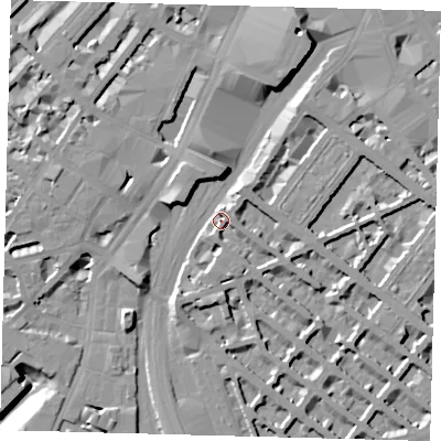 Shaded relief map of the ground around SW1V4ER, computed from Environment Agency LiDAR. The ground here sits at about 5 m above sea level and falls 15 m across the surrounding 800 m. Surface water reaching this point runs off ground lying to the north-north-east, 8.6 m higher.