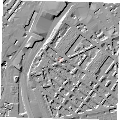 Shaded relief map of the ground around SW1V4HT, computed from Environment Agency LiDAR. The ground here sits at about 3 m above sea level and falls 9 m across the surrounding 800 m. Surface water reaching this point runs off ground lying to the west-south-west, 5.7 m higher.