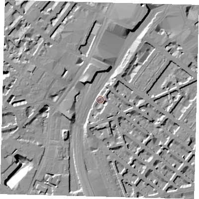 Shaded relief map of the ground around SW1V4JF, computed from Environment Agency LiDAR. The ground here sits at about 5 m above sea level and falls 15 m across the surrounding 800 m. Surface water reaching this point runs off ground lying to the south-west, 14.0 m higher.