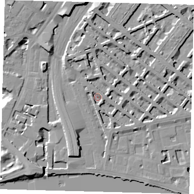 Shaded relief map of the ground around SW1V4LB, computed from Environment Agency LiDAR. The ground here sits at about 4 m above sea level and falls 18 m across the surrounding 800 m. Surface water reaching this point runs off ground lying to the north-west, 3.0 m higher.