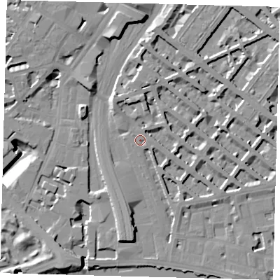 Shaded relief map of the ground around SW1V4LD, computed from Environment Agency LiDAR. The ground here sits at about 5 m above sea level and falls 19 m across the surrounding 800 m. Surface water reaching this point runs off ground lying to the south-east, 3.3 m higher.