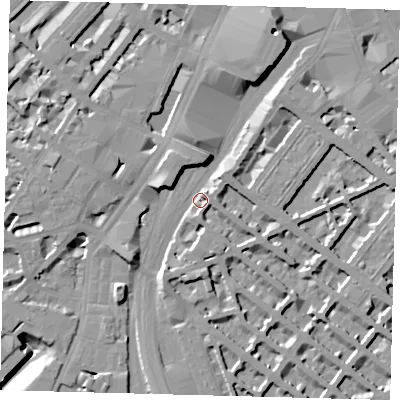 Shaded relief map of the ground around SW1V4QJ, computed from Environment Agency LiDAR. The ground here sits at about 4 m above sea level and falls 15 m across the surrounding 800 m. Surface water reaching this point runs off ground lying to the north-north-east, 8.6 m higher.