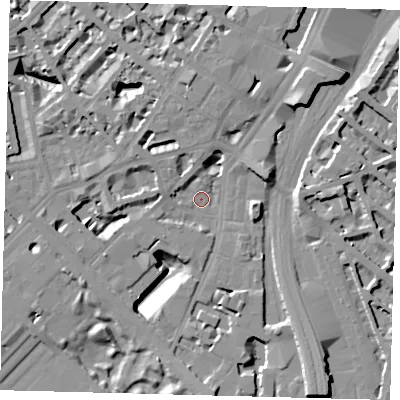 Shaded relief map of the ground around SW1W8AU, computed from Environment Agency LiDAR. The ground here sits at about 4 m above sea level and falls 16 m across the surrounding 800 m. Surface water reaching this point runs off ground lying to the north-north-west, 4.0 m higher.