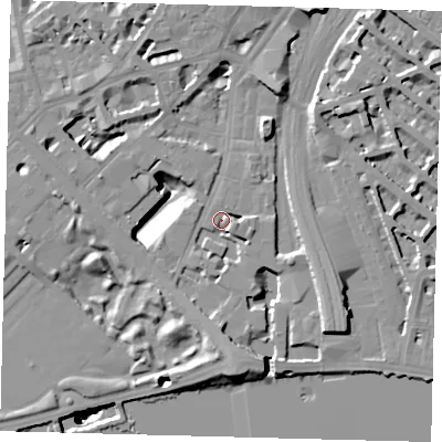 Shaded relief map of the ground around SW1W8BE, computed from Environment Agency LiDAR. The ground here sits at about 4 m above sea level and falls 51 m across the surrounding 800 m. Surface water reaching this point runs off ground lying to the east-south-east, 6.2 m higher.