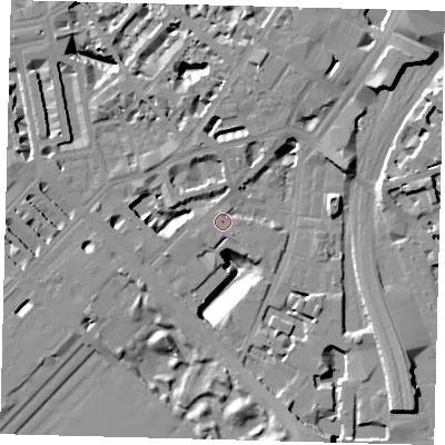Shaded relief map of the ground around SW1W8BG, computed from Environment Agency LiDAR. The ground here sits at about 5 m above sea level and falls 16 m across the surrounding 800 m. Surface water reaching this point runs off ground lying to the north-north-west, 0.6 m higher.