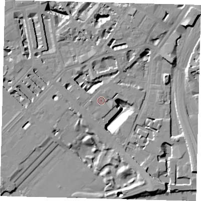 Shaded relief map of the ground around SW1W8BQ, computed from Environment Agency LiDAR. The ground here sits at about 5 m above sea level and falls 19 m across the surrounding 800 m. Surface water reaching this point runs off ground lying to the west-north-west, 7.5 m higher.