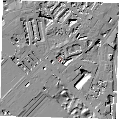 Shaded relief map of the ground around SW1W8BT, computed from Environment Agency LiDAR. The ground here sits at about 1 m above sea level and falls 15 m across the surrounding 800 m. Surface water reaching this point runs off ground lying to the west, 5.7 m higher.