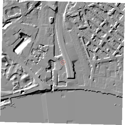 Shaded relief map of the ground around SW1W8DE, computed from Environment Agency LiDAR. The ground here sits at about 5 m above sea level and falls 21 m across the surrounding 800 m. Surface water reaching this point runs off ground lying to the south-south-east, 4.3 m higher.