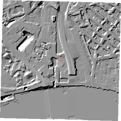 Shaded relief map of the ground around SW1W8DQ, computed from Environment Agency LiDAR. The ground here sits at about 6 m above sea level and falls 51 m across the surrounding 800 m. Surface water reaching this point runs off ground lying to the south-east, 8.4 m higher.