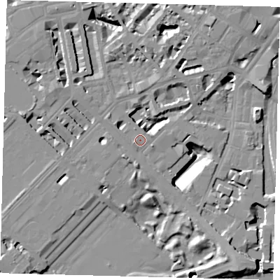 Shaded relief map of the ground around SW1W8DS, computed from Environment Agency LiDAR. The ground here sits at about 5 m above sea level and falls 19 m across the surrounding 800 m. Surface water reaching this point runs off ground lying to the north-west, 7.5 m higher.
