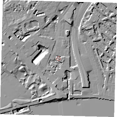 Shaded relief map of the ground around SW1W8DT, computed from Environment Agency LiDAR. The ground here sits at about 6 m above sea level and falls 51 m across the surrounding 800 m. Surface water reaching this point runs off ground lying to the east-south-east, 6.2 m higher.