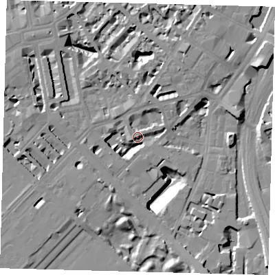 Shaded relief map of the ground around SW1W8PQ, computed from Environment Agency LiDAR. The ground here sits at about 6 m above sea level and falls 15 m across the surrounding 800 m. Surface water reaching this point runs off ground lying to the west-north-west, 10.5 m higher.