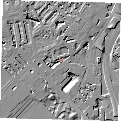 Shaded relief map of the ground around SW1W8PT, computed from Environment Agency LiDAR. The ground here sits at about 4 m above sea level and falls 15 m across the surrounding 800 m. Surface water reaching this point runs off ground lying to the west-north-west, 10.5 m higher.