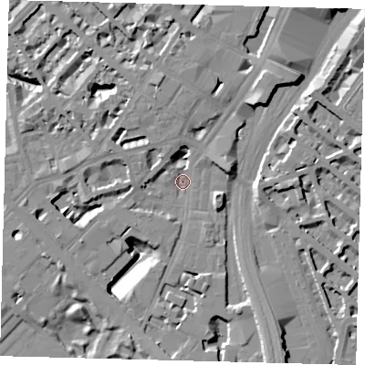 Shaded relief map of the ground around SW1W8PZ, computed from Environment Agency LiDAR. The ground here sits at about 4 m above sea level and falls 15 m across the surrounding 800 m. Surface water reaching this point runs off ground lying to the north-west, 6.6 m higher.